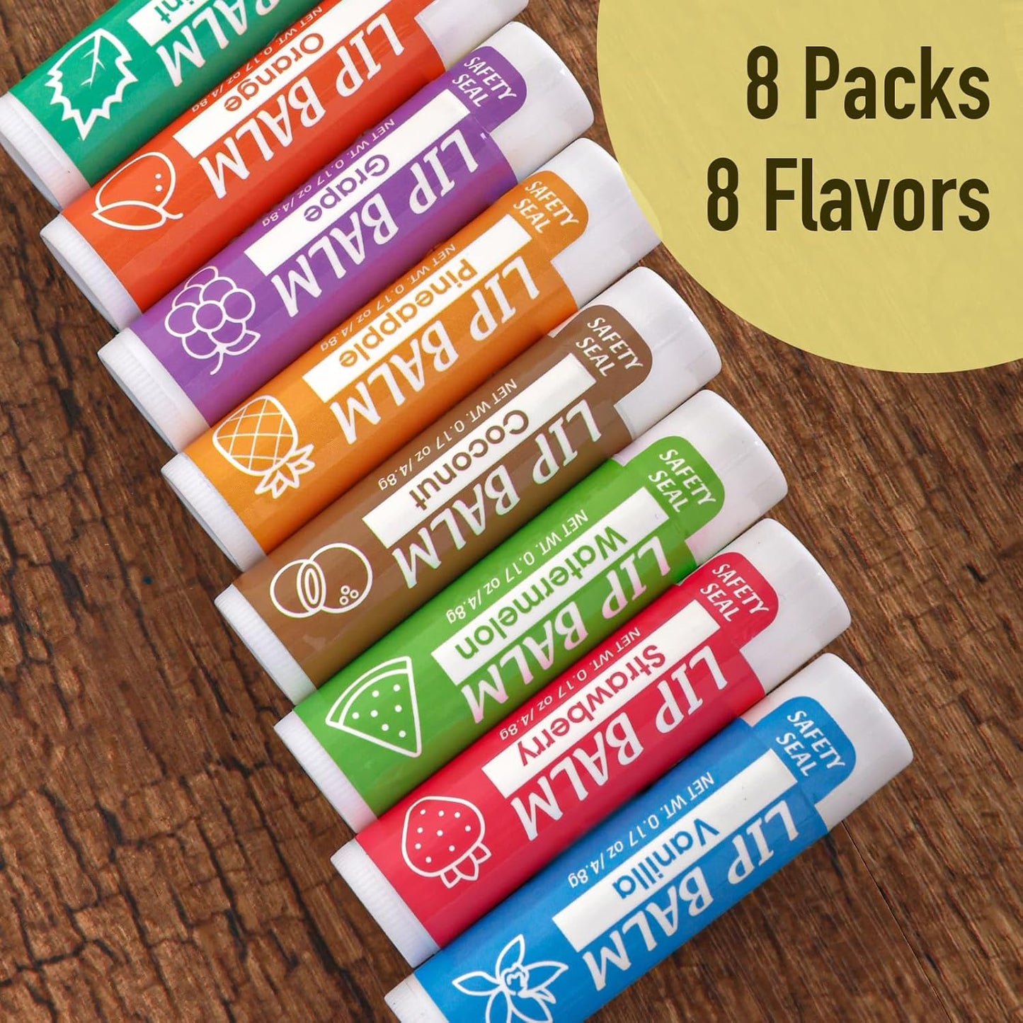 Lip Balm 8-Pack with Natural Ingredients, Vitamin E & Coconut Oil - Perfect for Dry Lips & Gift Giving
