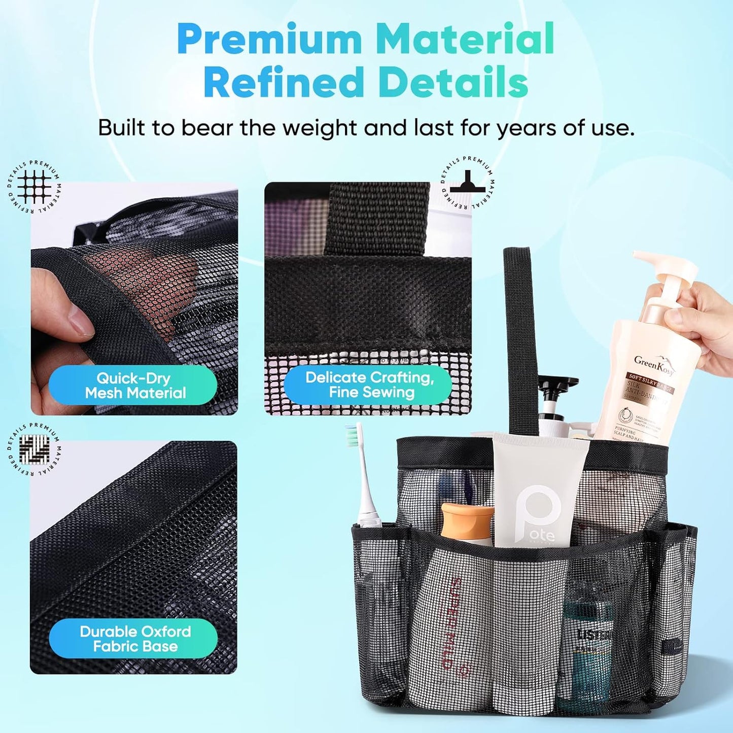 Durable Mesh Shower Caddy with 8 Pockets, Quick Dry - Perfect for College, Beach, Gym, and Travel