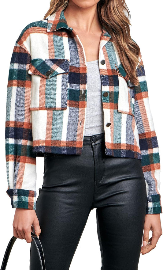 Medium Dark Green Cropped Plaid Shacket for Women - Button Down, Casual Fall Jacket