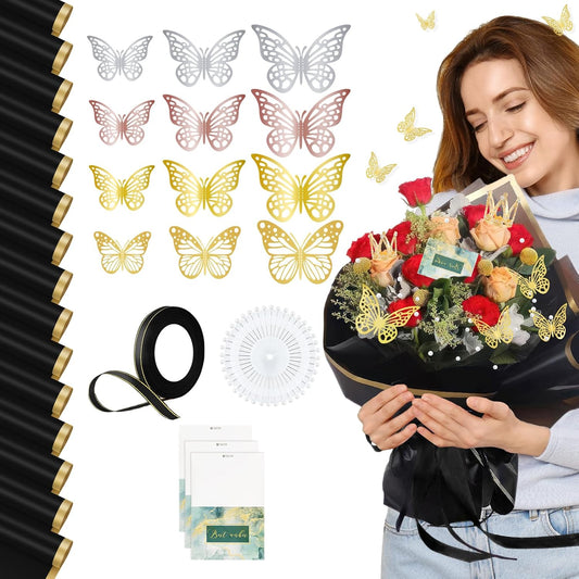 234-Piece DIY Flower Wrapping Kit: Waterproof Papers, Ribbons & 3D Butterflies