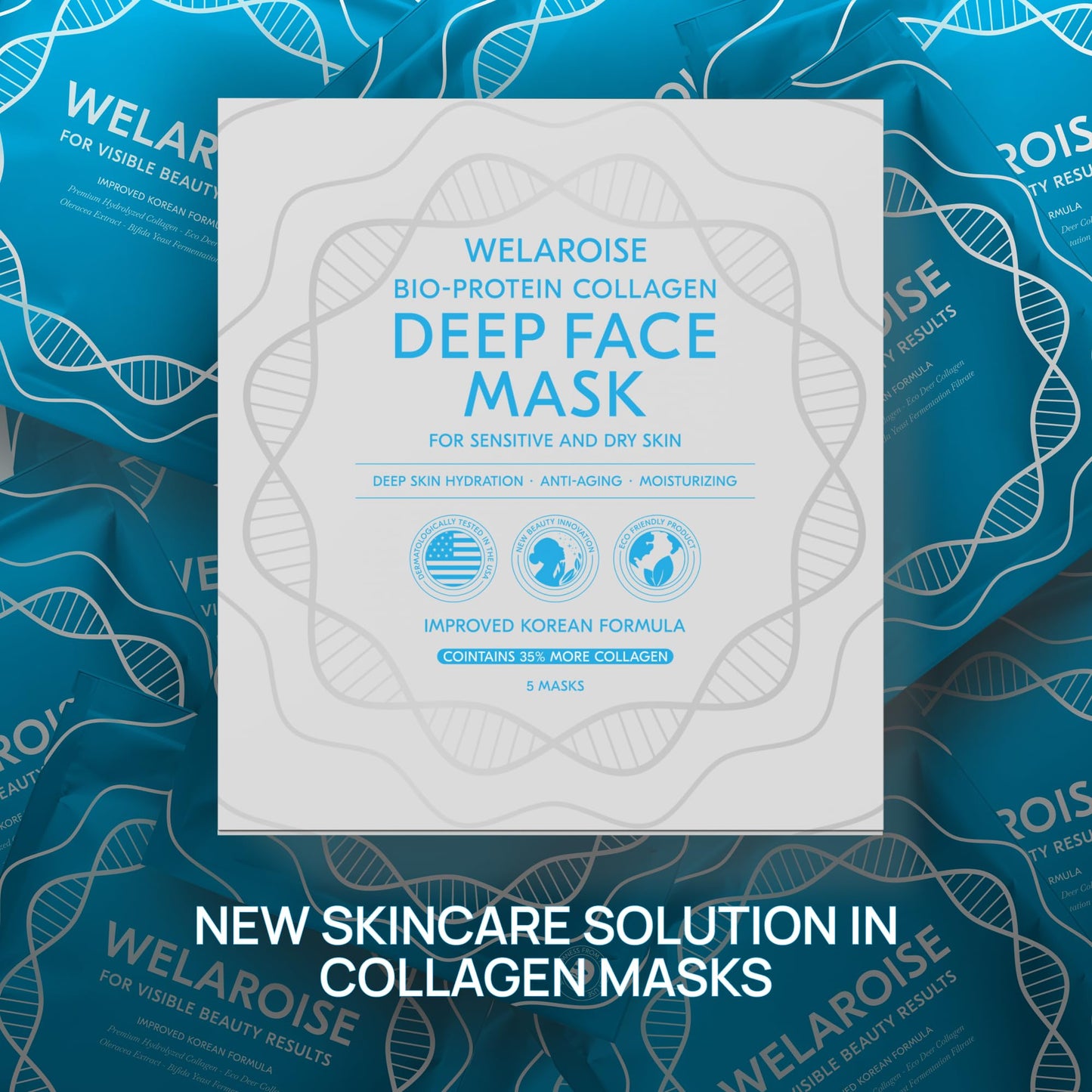 Collagen Hydrogel Face Mask Pack of 5, +35% More Collagen, Intense Hydration, Firming & Anti-Aging, Bio Protein, Bifida Ferment, Hyaluronate, Korean Skincare