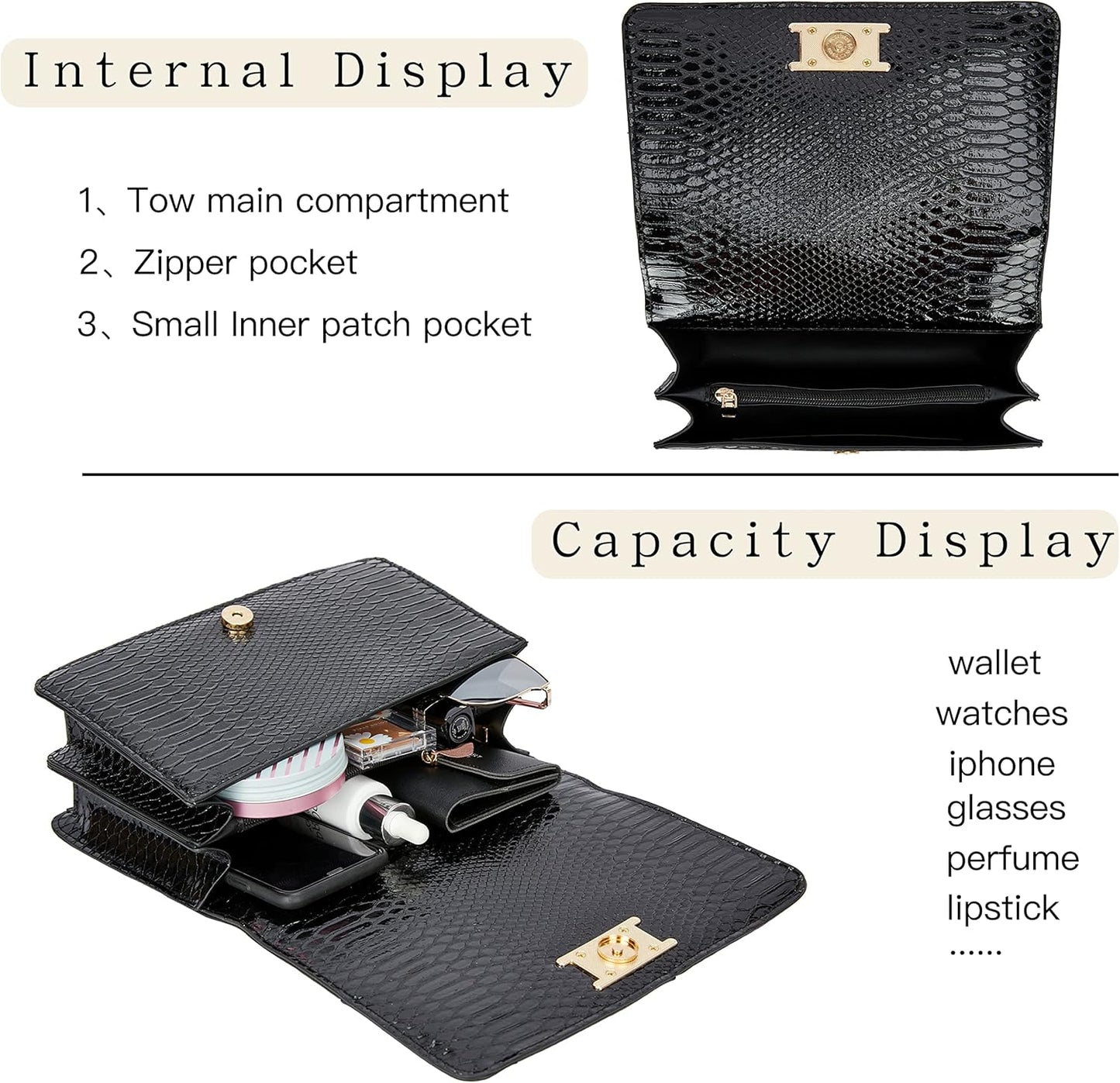 Elegant Black Snake Print PU Leather Crossbody Bag with Gold Chain Strap