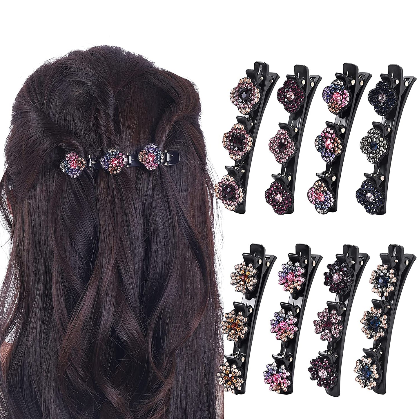 8pk Sparkling Crystal Stone Rhinestone Braided Hairpin Duckbill Clip Hair Clips