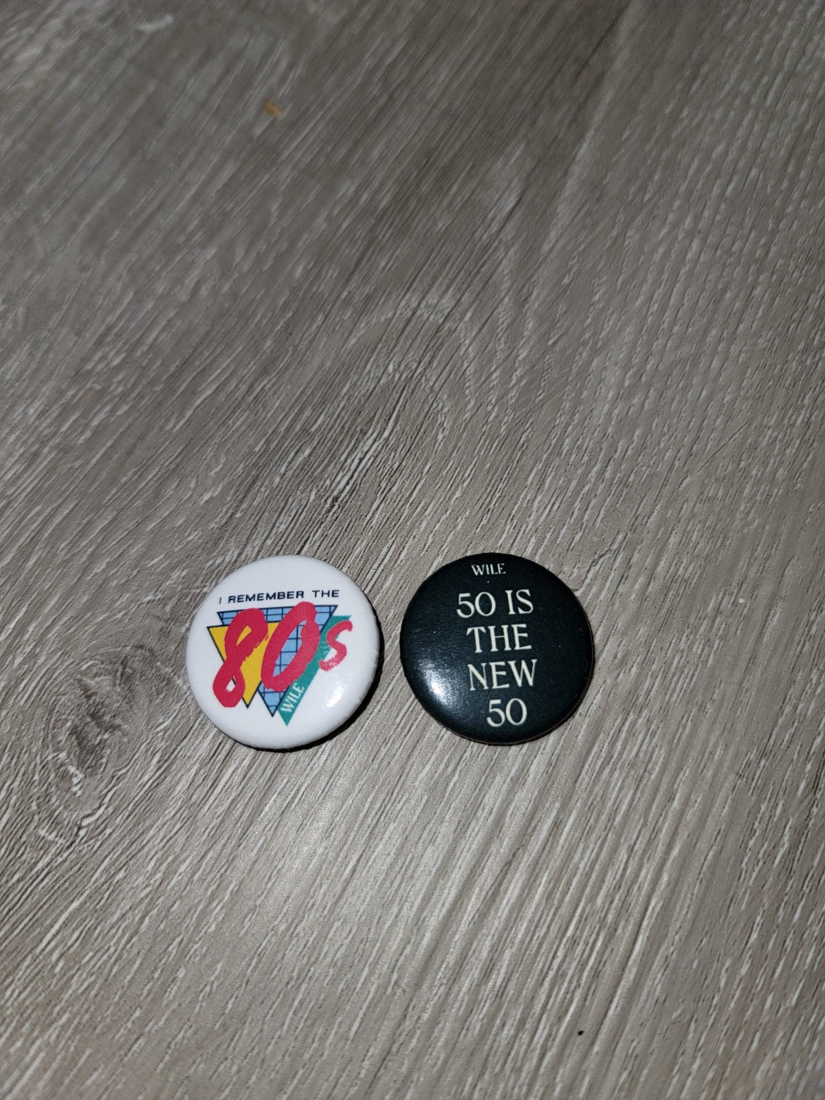 WILE 2 Pc Round Pin Back Button Set 50 Is the New 50 Remember the 80s Retro Novelty Pins