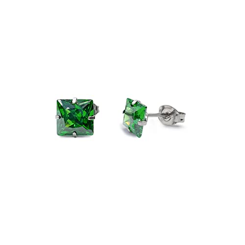 Titanium earrings, hypoallergenic earrings, pure titanium medical implant grade, suitable for sensitive ears with birthstone crystals CZ simulated diamonds (Emerald Green)