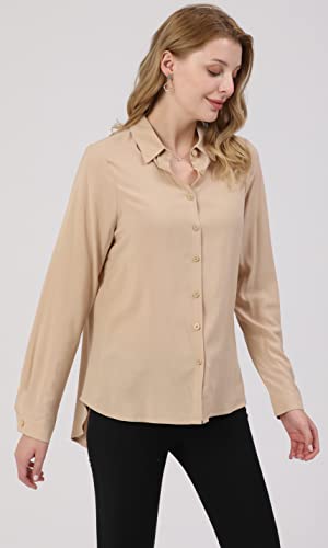 Khaki Dressy Blouse for Women - Casual Long Sleeve Button Down Shirts Tops, Lightweight 100% Viscose Fabric, Perfect for All Seasons, Trendy Design, Ideal for Work, School, and Outdoors