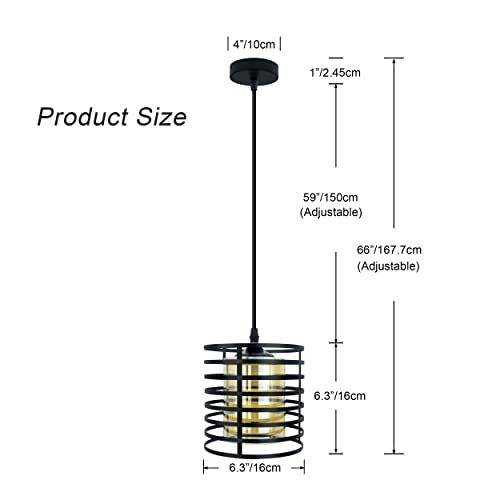 Scolii Industrial Pendant Light,Black Iron Cage,Adjustable Cable Hanging 4.9Ft,Amber Glass Shade ,Light Fixtures,E26 Socket φ6.3‘’×H6.3‘’(Bulbs Not Included)