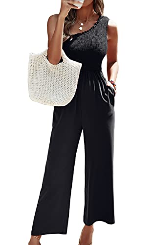 Angashion Women's Summer Wide Leg Jumpsuits One Shoulder Casual Sleeveless Elastic High Waist Solid Color Romper with Pockets Black Small
