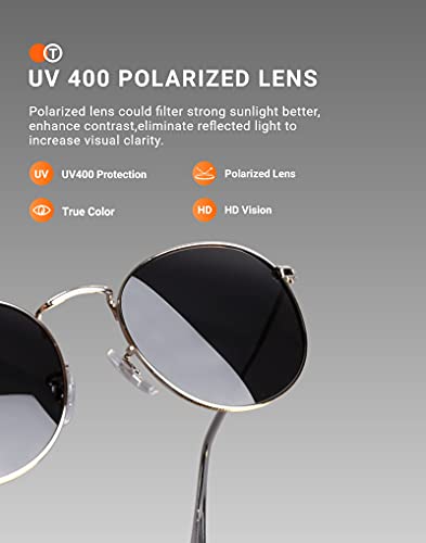TIJN Round Polarized Sunglasses Mens Womens,Classic Retro Aviator Sunglasses,UV 400 Protection Lens with Metal Frame