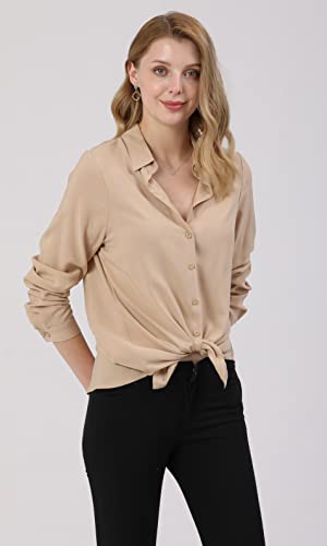 Khaki Dressy Blouse for Women - Casual Long Sleeve Button Down Shirts Tops, Lightweight 100% Viscose Fabric, Perfect for All Seasons, Trendy Design, Ideal for Work, School, and Outdoors