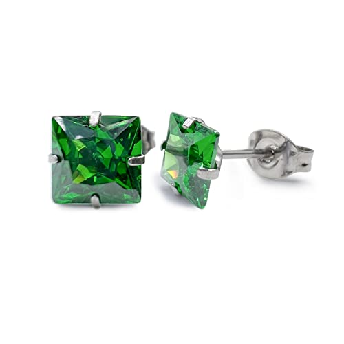 Titanium earrings, hypoallergenic earrings, pure titanium medical implant grade, suitable for sensitive ears with birthstone crystals CZ simulated diamonds (Emerald Green)