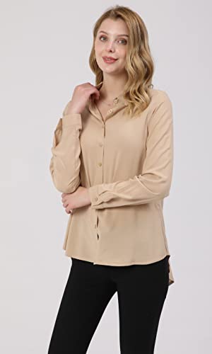 Khaki Dressy Blouse for Women - Casual Long Sleeve Button Down Shirts Tops, Lightweight 100% Viscose Fabric, Perfect for All Seasons, Trendy Design, Ideal for Work, School, and Outdoors