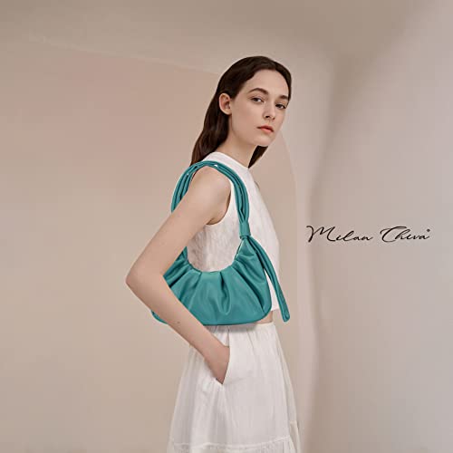 Turquoise Ruched Crossbody Bag: Chic Cloud Pouch w/ Adjustable Bunny Ears Strap