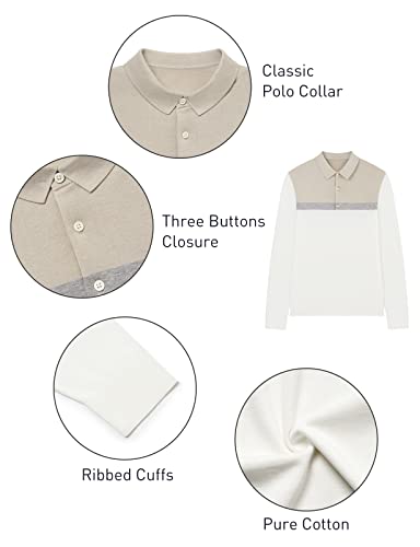 Mens-Polo-Shirts Long-Sleeve-Knit-Pullover Pure-Cotton Slim-Fit - Casual Fashion Lightweight Golf Top Breathable White XXL