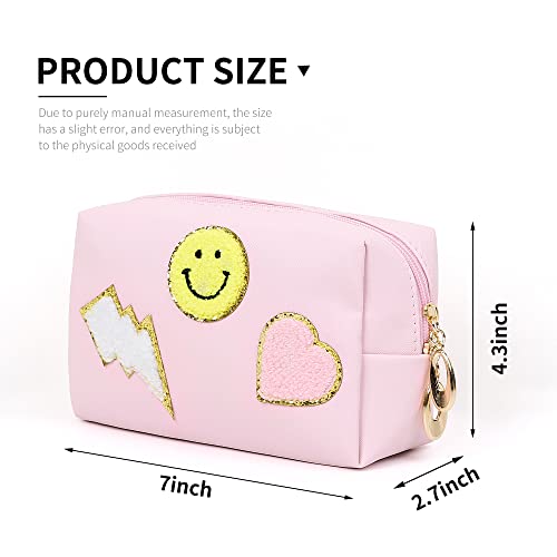 Miss or Miss Preppy Patch Small Toiletry Bag Smile Lightning Heart PU Leather Waterproof Makeup Cosmetic Bag Daily Use Storage Purse Travel Organizer Compliant Bag for Women Girls Gift Pink…