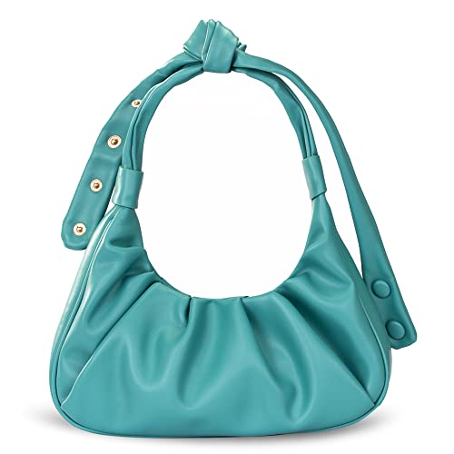 Turquoise Ruched Crossbody Bag: Chic Cloud Pouch w/ Adjustable Bunny Ears Strap
