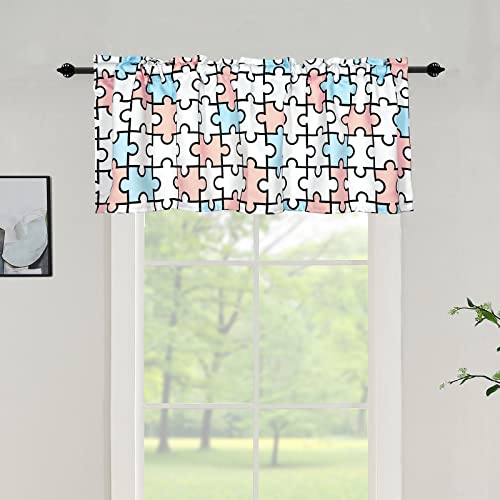 Valance for Kids Bedroom - Rod Pocket Jigsaw Puzzles Geometric Print, Short Curtain Panel for Nursery & Playroom, 52x18 inches, Blue & Pink