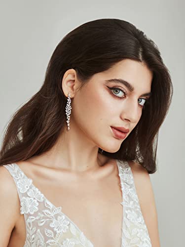 SWEETV Long Wedding Earrings for Brides, Bridesmaids, Crystal Bridal Earrings for Wedding, Rhinestone Drop Dangle Earrings for Women Prom Party Jewelry, Silver