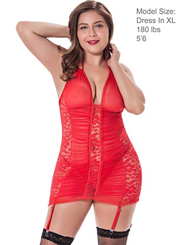 LINGERLOVE Women Sexy Lingerie Plus Size Chemise Floral Lace Backless Bodysuit with Garter Red