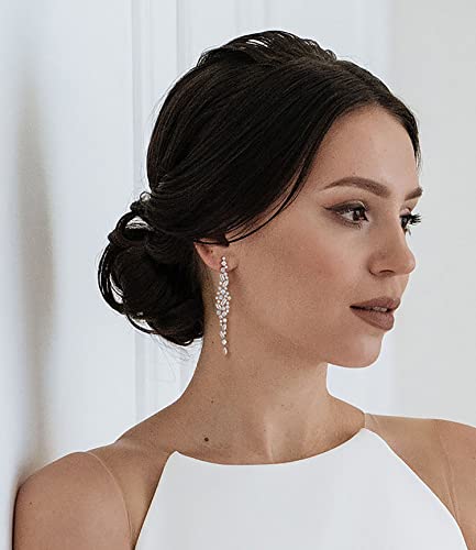 SWEETV Long Wedding Earrings for Brides, Bridesmaids, Crystal Bridal Earrings for Wedding, Rhinestone Drop Dangle Earrings for Women Prom Party Jewelry, Silver