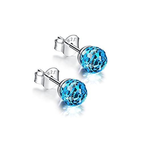 Crystal Earrings, Crystal Earrings for Women 925 Sterling Silver and Austrian Crystal Earrings, Women's Birthday, Wedding, Graduation and Anniversary Earrings (8mm Blue)
