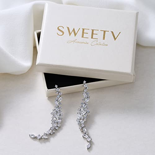 SWEETV Long Wedding Earrings for Brides, Bridesmaids, Crystal Bridal Earrings for Wedding, Rhinestone Drop Dangle Earrings for Women Prom Party Jewelry, Silver