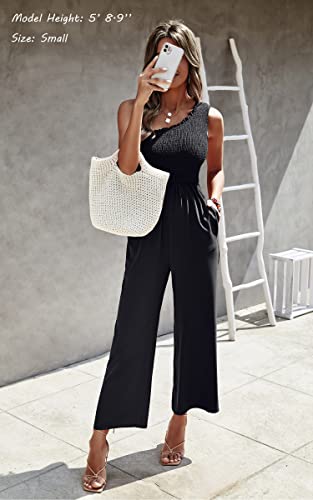 Angashion Women's Summer Wide Leg Jumpsuits One Shoulder Casual Sleeveless Elastic High Waist Solid Color Romper with Pockets Black Small