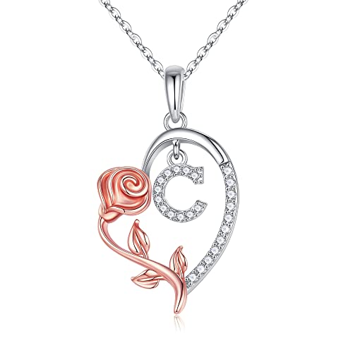 CZ Silver/Rose Gold Love Heart Rose Letter C Pendant Necklace