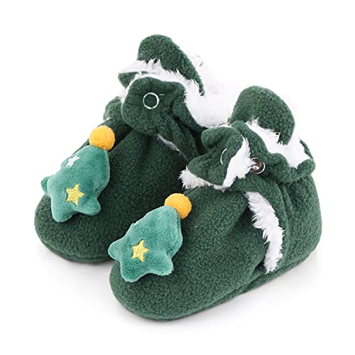 Unifizz Newborn Baby Boys Girls Booties Stay On Socks Non Skid Soft Sole Infant Toddler Warm Winter House Slipper Crib Shoes for Boys Girls (Green Christmas Tree, Size 6-12 Months Infant)