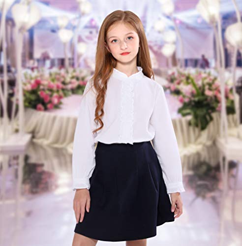 Girls White Blouse, Ruffle Long Sleeve, Button Down, Princess Style, Cotton Soft Tops, Spring/Summer, Age 9-10, Cute Design, Performance/Party/School Uniform Appropriate, Semicircle Mushroom Button, Imported