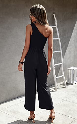 Angashion Women's Summer Wide Leg Jumpsuits One Shoulder Casual Sleeveless Elastic High Waist Solid Color Romper with Pockets Black Small