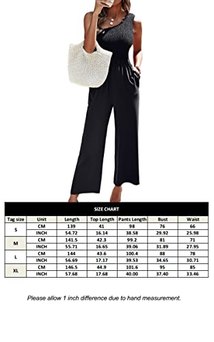 Angashion Women's Summer Wide Leg Jumpsuits One Shoulder Casual Sleeveless Elastic High Waist Solid Color Romper with Pockets Black Small