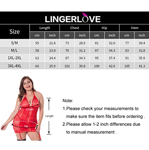 LINGERLOVE Women Sexy Lingerie Plus Size Chemise Floral Lace Backless Bodysuit with Garter Red