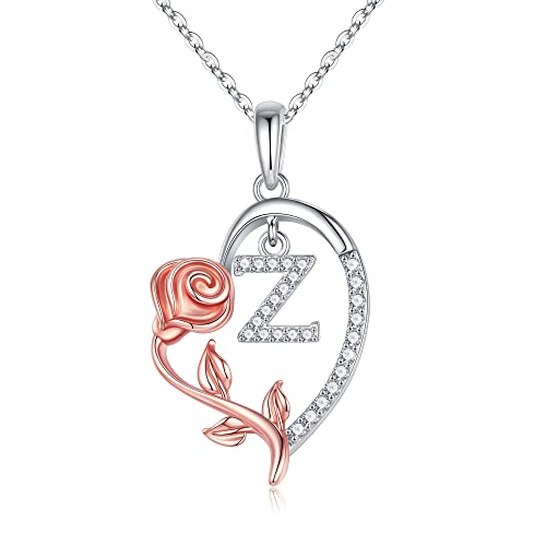 CZ Silver/Rose Gold Love Heart Rose Letter Z Pendant Necklace
