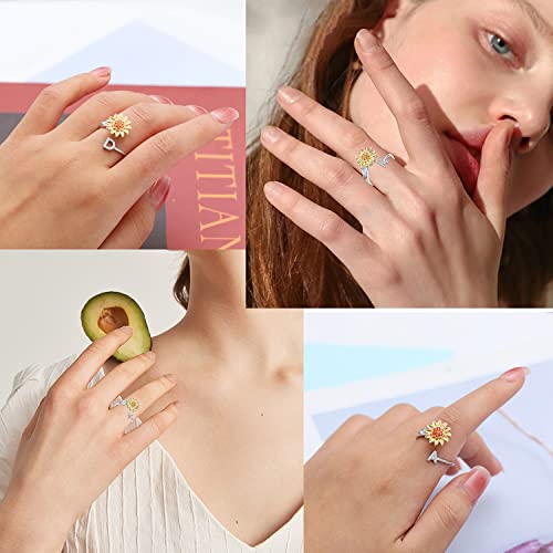FUNEIA 925 Sterling Silver Fidget Ring for Women Adjustable Anxiety Ring for Women Fidget Spinner Ring for Anxiety Cubic Zirconia Sunflower