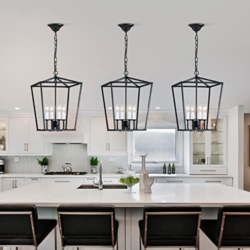ANJIADENGSHI Lantern Pendant Light Industrial Vintage Lantern Iron Cage Hanging with 4 E12 Bulbs Lantern Chandelier for Traditional Dining Room Bar Cafe, Matte Black(Bulbs Not Included)