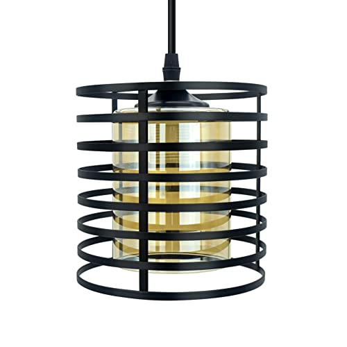 Scolii Industrial Pendant Light,Black Iron Cage,Adjustable Cable Hanging 4.9Ft,Amber Glass Shade ,Light Fixtures,E26 Socket φ6.3‘’×H6.3‘’(Bulbs Not Included)