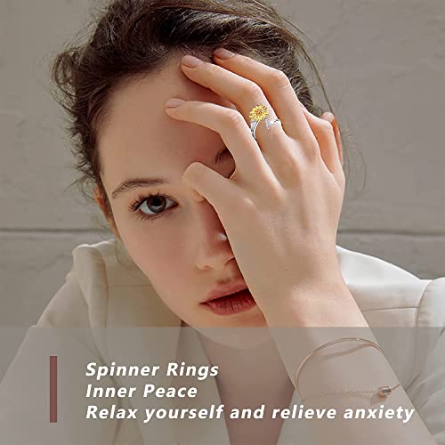 FUNEIA 925 Sterling Silver Fidget Ring for Women Adjustable Anxiety Ring for Women Fidget Spinner Ring for Anxiety Cubic Zirconia Sunflower