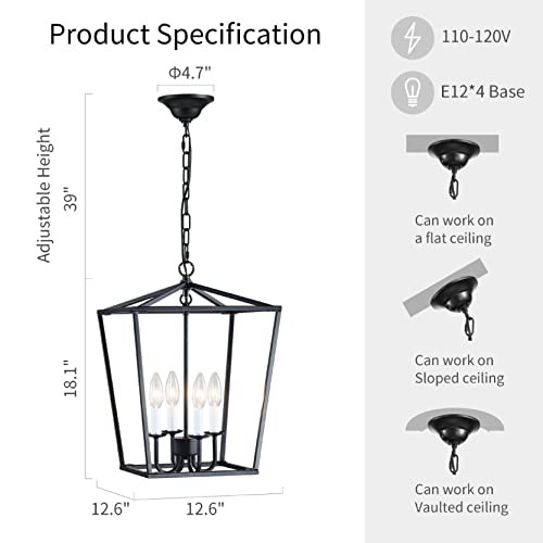 ANJIADENGSHI Lantern Pendant Light Industrial Vintage Lantern Iron Cage Hanging with 4 E12 Bulbs Lantern Chandelier for Traditional Dining Room Bar Cafe, Matte Black(Bulbs Not Included)