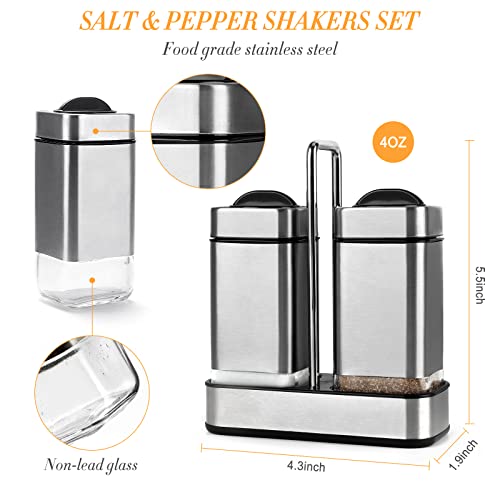 Salt and Pepper Shakers Set with Holder-Stainless Steel Salt Shaker with Adjustable Pour Holes-Set of 2 by Aelga