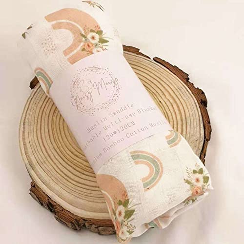 Noisy Mouse 47" x 47" Muslin Swaddle Blanket. 70% Bamboo, 30% Cotton. Rainbow/Flower Pattern. Boho Style…
