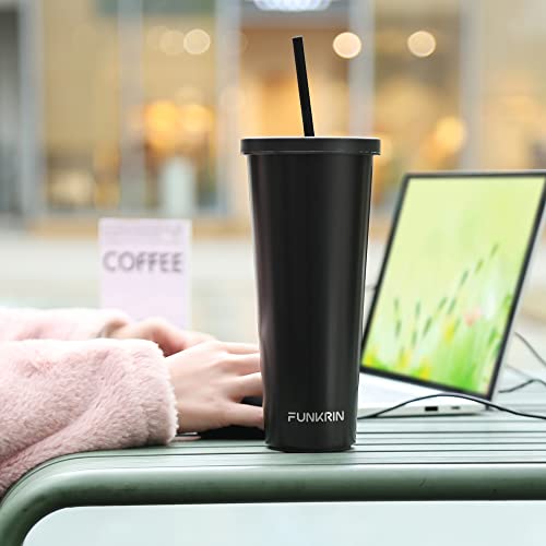 Funkrin Insulated Coffee Mug Tumbler with Lid and Straw, 24oz Ceramic Lined Coating Travel Mug, Reusable Stainless Steel Water Bottle Thermos Cup for Gifts Office School Party Camping