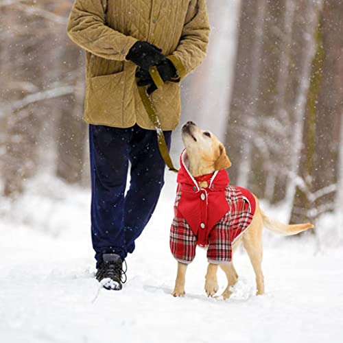 IKIPUKO Dog Winter Coat, Dog Fleece Jacket Dog Coat with Harness Hole Dog Hoodie with Hat Plaid Warm Dog Coat for Large Medium Small Dogs Puppy Hoodie Hooded Cold Weather Clothes(Red,L)
