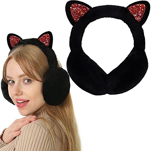 Eyegla Winter Ear Muffs for Women Fleece Ear Warmers Faux Fur Warm Cat Ear Earmuffs Foldable Outdoor Winter Ear Cover for Girls,Black