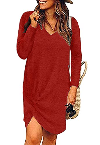 Alaster Women’s Casual Tunic V Neck Sweater Dress Long Sleeve Pullover Red Sweater Dress with Pockets for Women