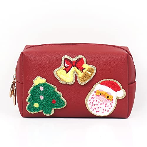 Preppy Patch Christmas Gift for Women Small Toiletry Bag Smile Lightning Heart PU Leather Waterproof Makeup Cosmetic Bag Daily Use Storage Purse Travel Organizer Compliant Bag for Women Girls Red…