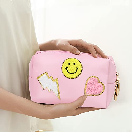 Miss or Miss Preppy Patch Small Toiletry Bag Smile Lightning Heart PU Leather Waterproof Makeup Cosmetic Bag Daily Use Storage Purse Travel Organizer Compliant Bag for Women Girls Gift Pink…