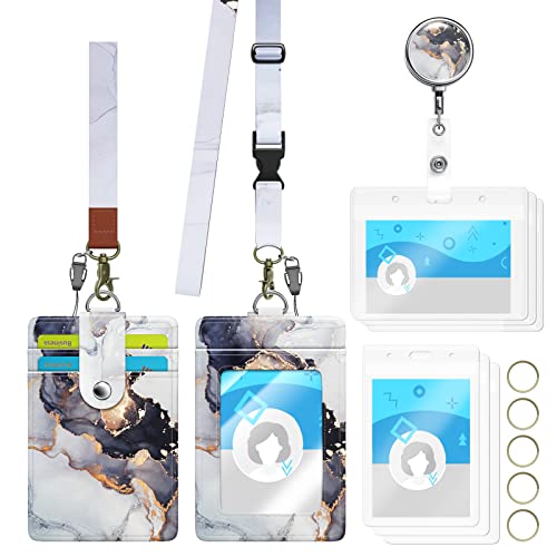 7PCS ID Badge Holder with Lanyard Adjustable Kit,Cute Badge Reels Retractable,PU Leather Wrist Lanyard for Nurse Teacher