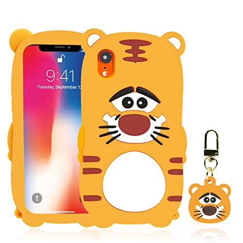 Cabottser Cute iPhone XR Tiger Case, Adorable 3D Cartoon Girls Boys Teens Kids Women Funny Beautiful Yellow Animal Soft Silicone Tiger Shockproof Protective Phone Cover Case for iPhone XR 6.1"