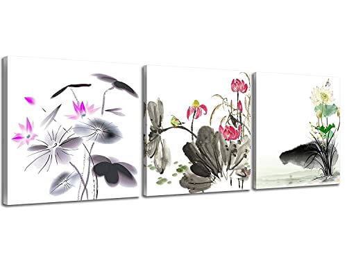 NAN Wind Small Size Traditional Chinese Painting of Lotus Flowers Decor Canvas Prints 3 Pcs Watercolor Blossom Wall Art 16x16inches 3pcs/Set Stretched and Framed Ready to Hang for Home Decor